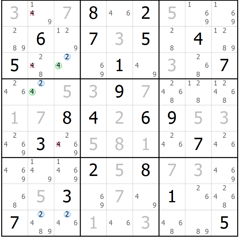 Position des candidats pour la solution de la Gr 4 page 7 du magazine de sudoku Suprême n° 034