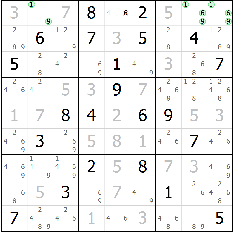 Position des candidats pour la solution de la Gr 4 page 7 du magazine de sudoku Suprême n° 034