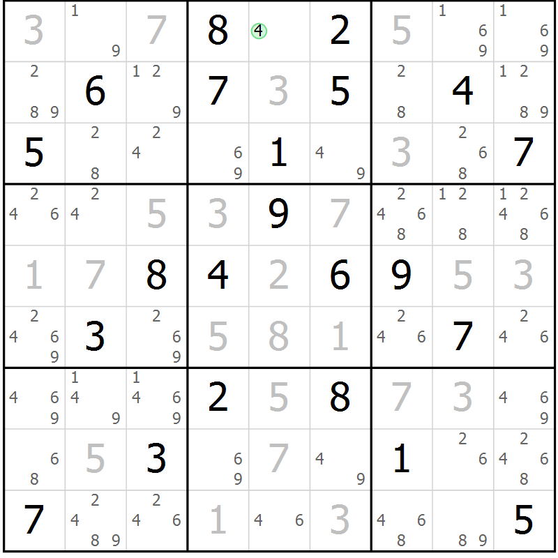 Position des candidats pour la solution de la Gr 4 page 7 du magazine de sudoku Suprême n° 034