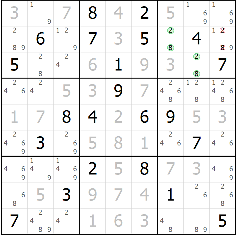 Position des candidats pour la solution de la Gr 4 page 7 du magazine de sudoku Suprême n° 034