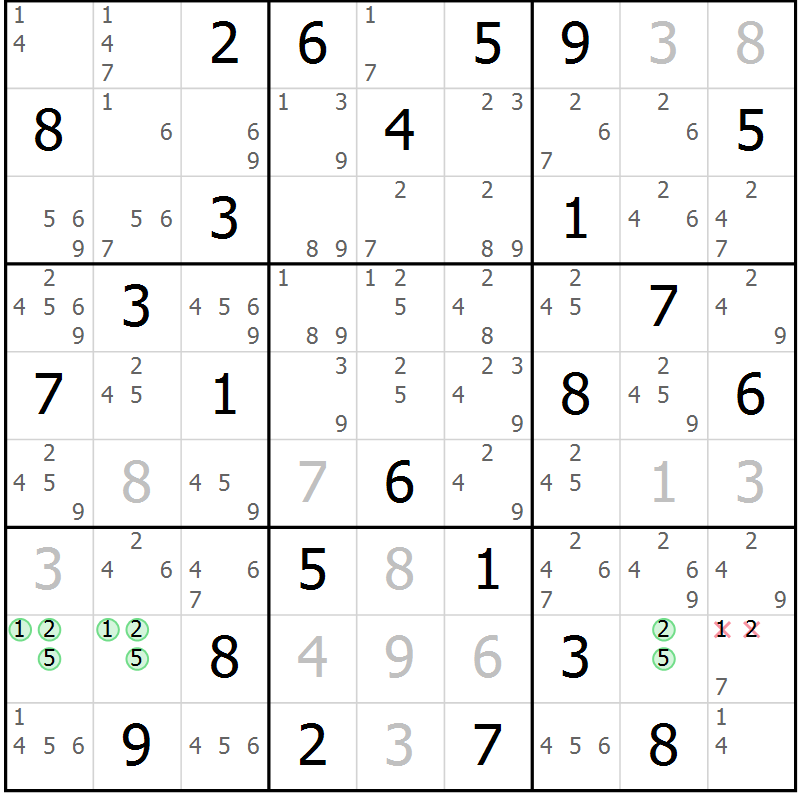 Position des candidats pour la solution de la Gr 40 page 43 du magazine de sudoku Suprême n° 034