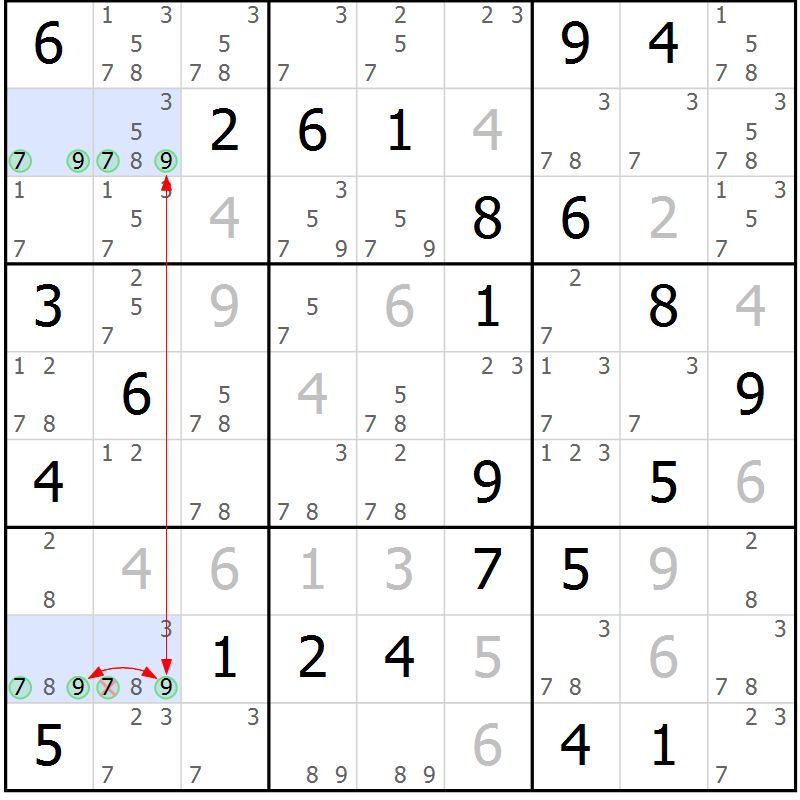 Position des candidats pour la solution de la Gr 41 page 44 du magazine de sudoku Suprême n° 034