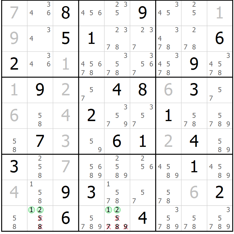 Position des candidats pour la solution de la Gr 42 page 45 du magazine de sudoku Suprême n° 034
