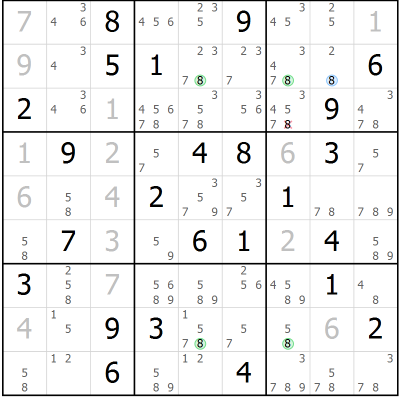 Position des candidats pour la solution de la Gr 42 page 45 du magazine de sudoku Suprême n° 034