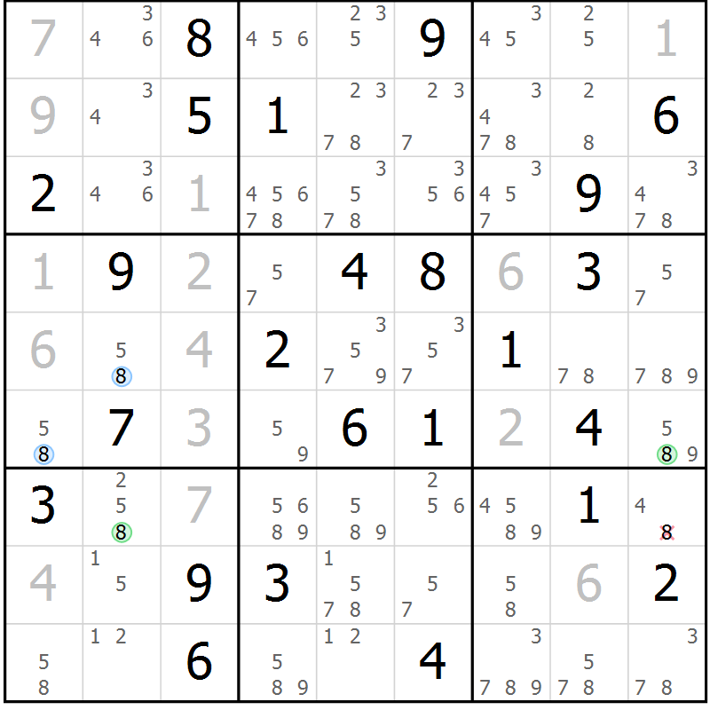 Position des candidats pour la solution de la Gr 42 page 45 du magazine de sudoku Suprême n° 034
