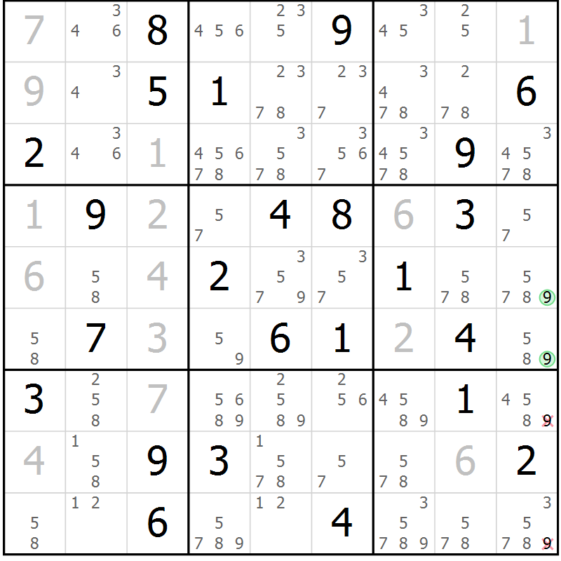 Position des candidats pour la solution de la Gr 42 page 45 du magazine de sudoku Suprême n° 034
