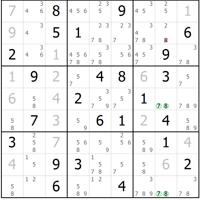 Position des candidats pour la solution de la Gr 42 page 45 du magazine de sudoku Suprême n° 034