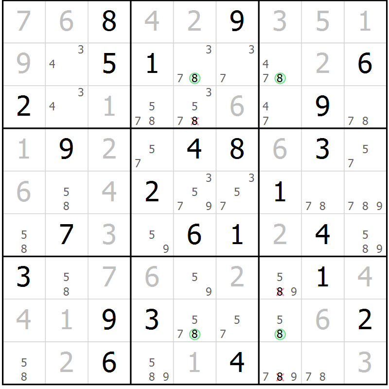 Position des candidats pour la solution de la Gr 42 page 45 du magazine de sudoku Suprême n° 034
