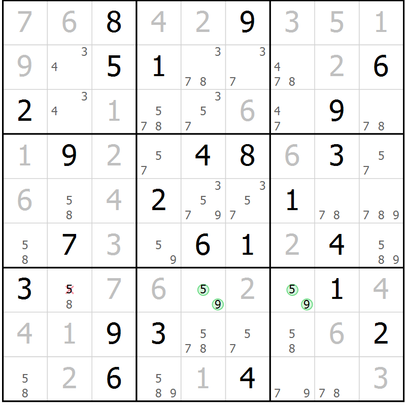Position des candidats pour la solution de la Gr 42 page 45 du magazine de sudoku Suprême n° 034