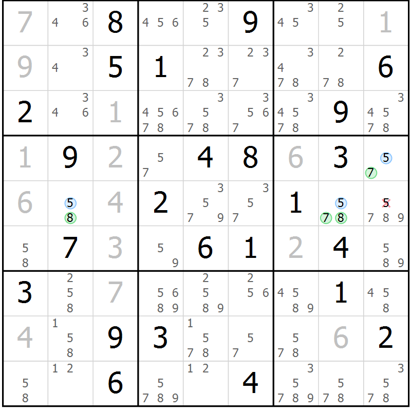 Position des candidats pour la solution de la Gr 42 page 45 du magazine de sudoku Suprême n° 034