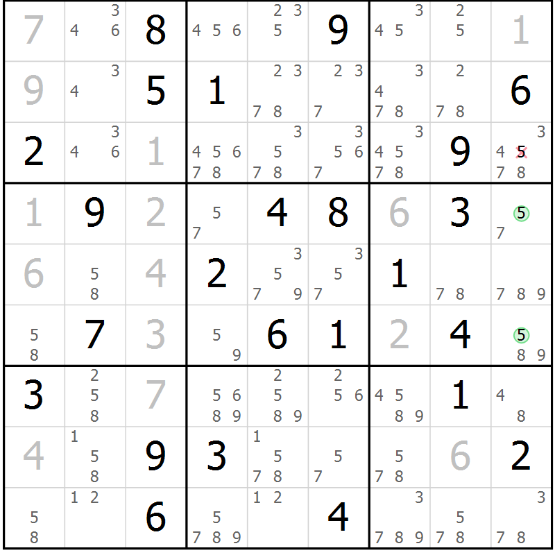 Position des candidats pour la solution de la Gr 42 page 45 du magazine de sudoku Suprême n° 034