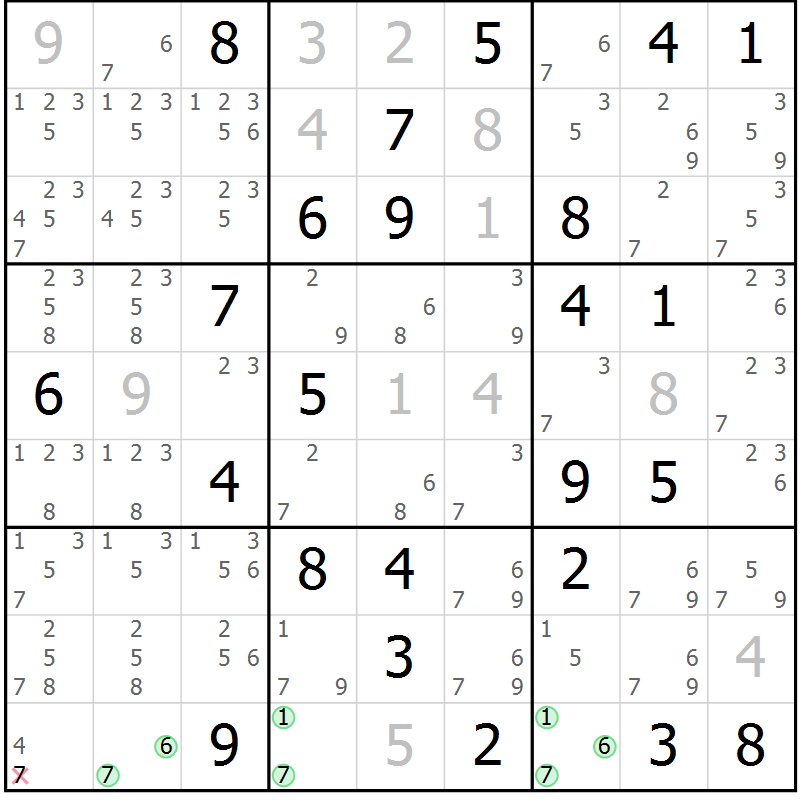 Position des candidats pour la solution de la Gr 43 page 46 du magazine de sudoku Suprême n° 034