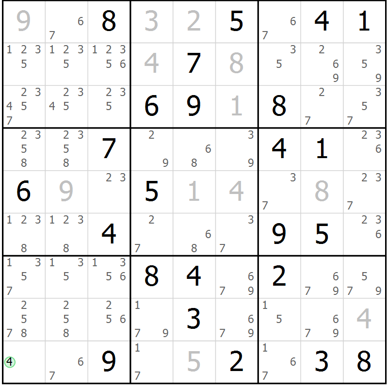 Position des candidats pour la solution de la Gr 43 page 46 du magazine de sudoku Suprême n° 034