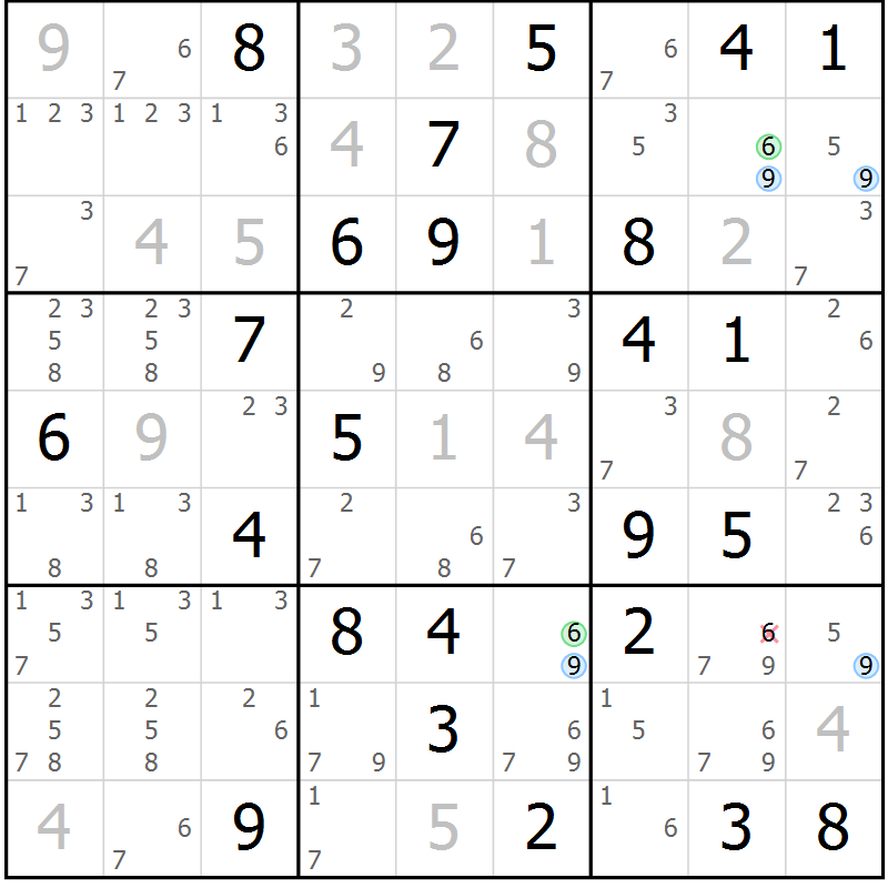 Position des candidats pour la solution de la Gr 43 page 46 du magazine de sudoku Suprême n° 034