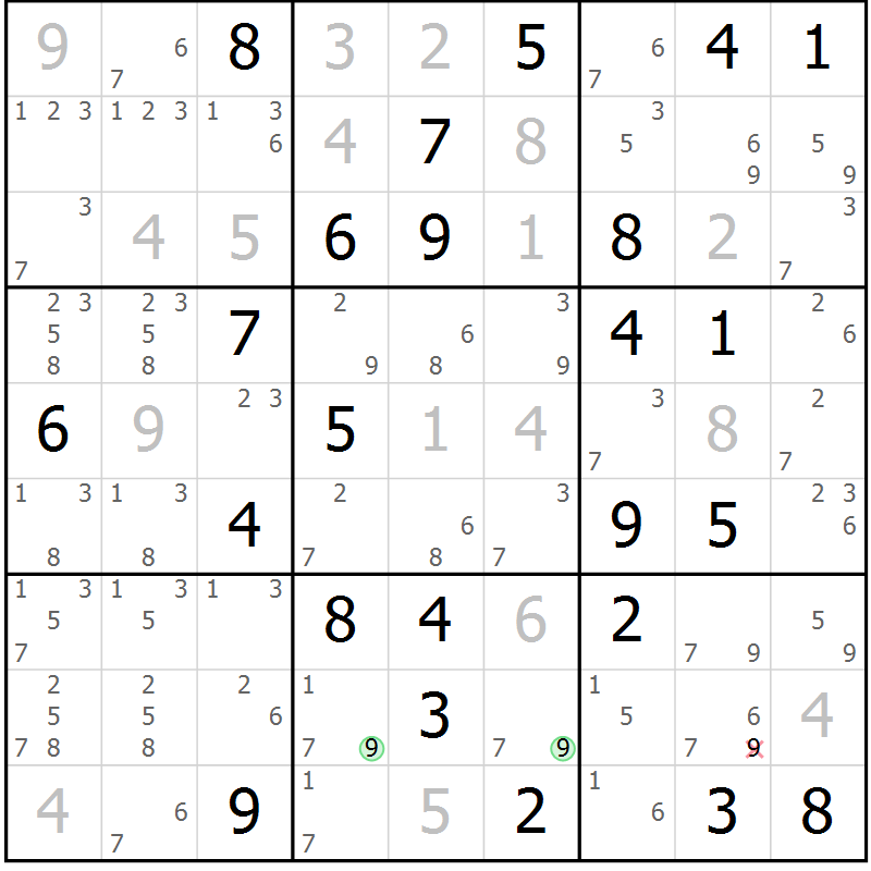Position des candidats pour la solution de la Gr 43 page 46 du magazine de sudoku Suprême n° 034