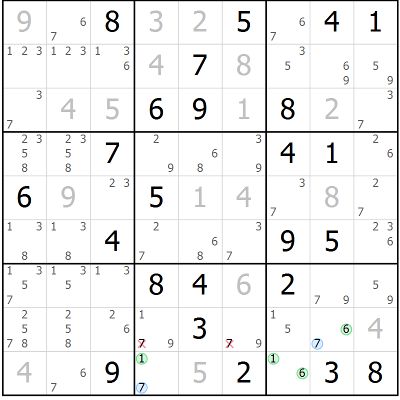 Position des candidats pour la solution de la Gr 43 page 46 du magazine de sudoku Suprême n° 034