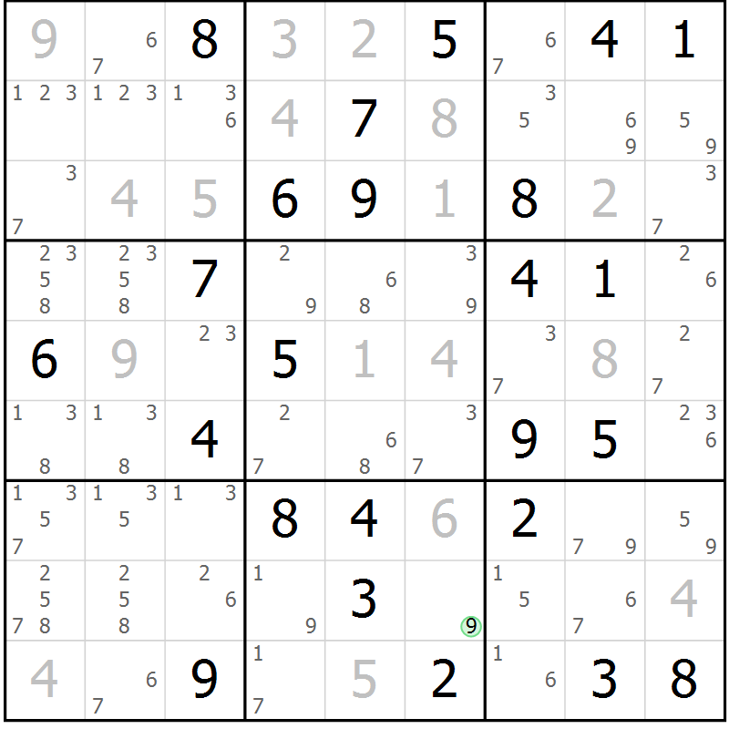 Position des candidats pour la solution de la Gr 43 page 46 du magazine de sudoku Suprême n° 034
