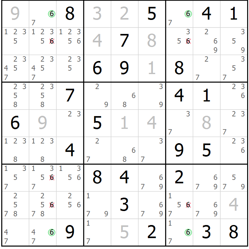 Position des candidats pour la solution de la Gr 43 page 46 du magazine de sudoku Suprême n° 034