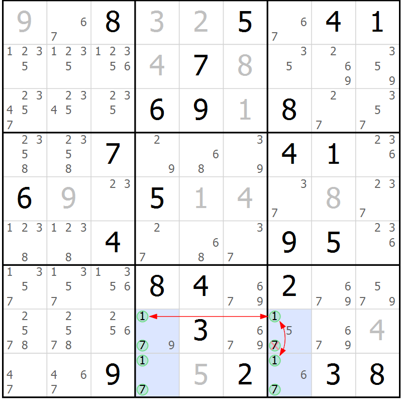 Position des candidats pour la solution de la Gr 43 page 46 du magazine de sudoku Suprême n° 034