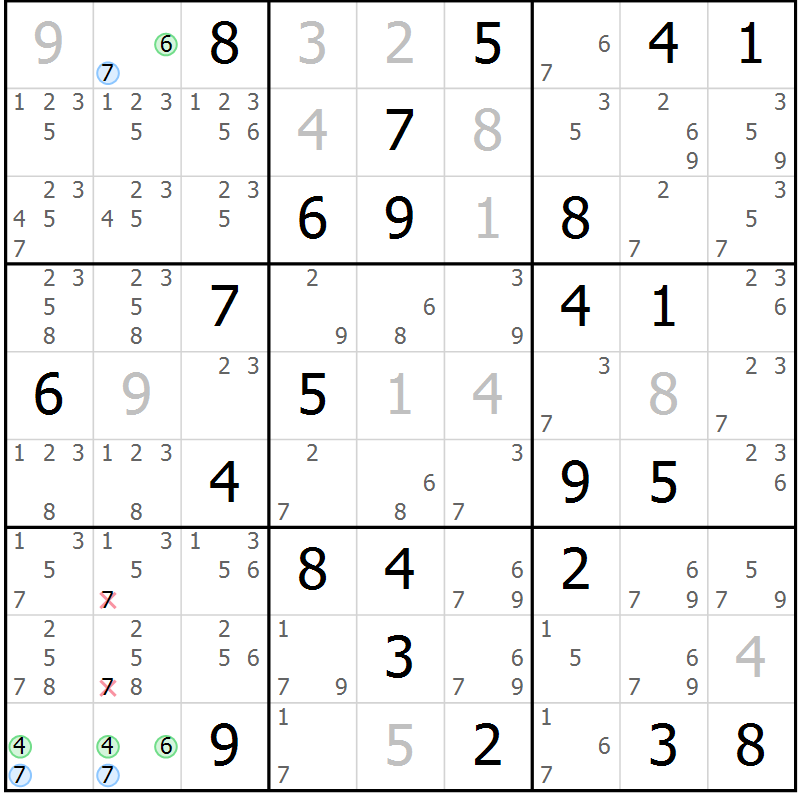 Position des candidats pour la solution de la Gr 43 page 46 du magazine de sudoku Suprême n° 034