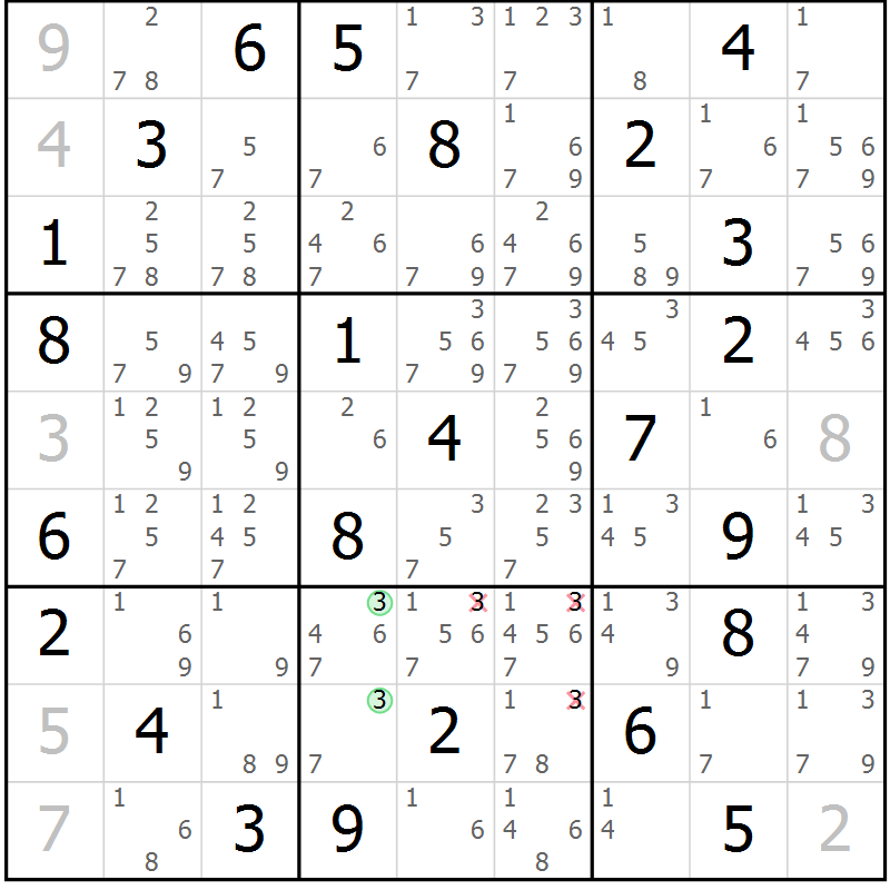 Position des candidats pour la solution de la Gr 45 page 48 du magazine de sudoku Suprême n° 034