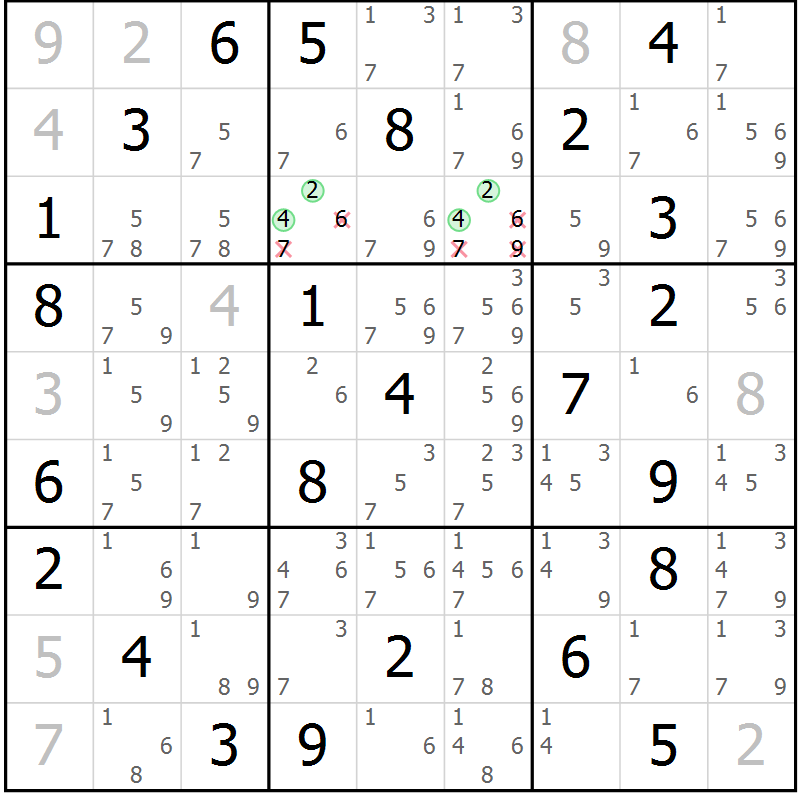 Position des candidats pour la solution de la Gr 45 page 48 du magazine de sudoku Suprême n° 034