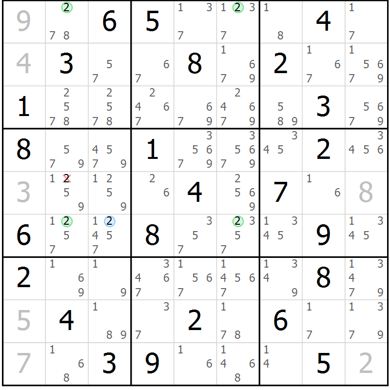 Position des candidats pour la solution de la Gr 45 page 48 du magazine de sudoku Suprême n° 034