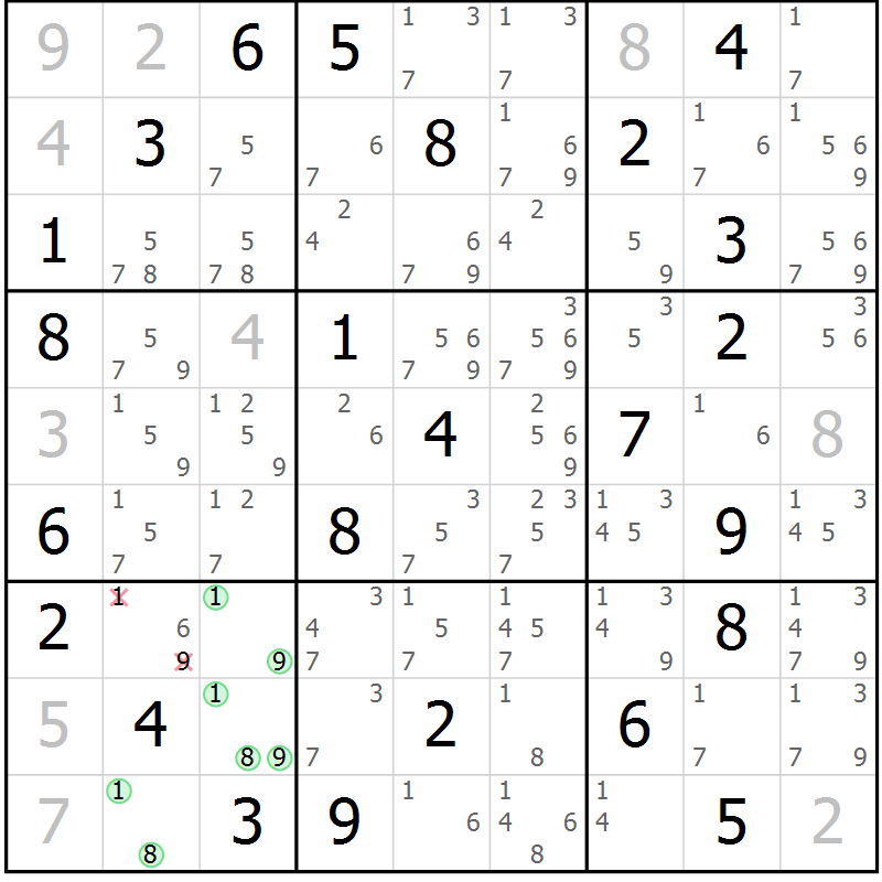 Position des candidats pour la solution de la Gr 45 page 48 du magazine de sudoku Suprême n° 034