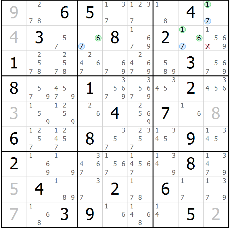 Position des candidats pour la solution de la Gr 45 page 48 du magazine de sudoku Suprême n° 034