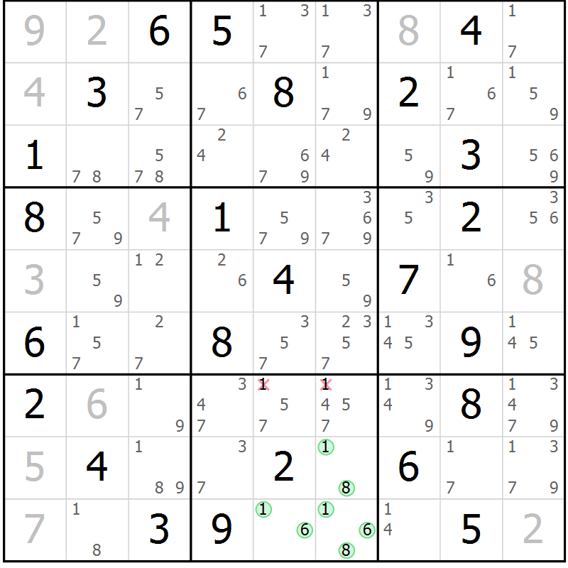 Position des candidats pour la solution de la Gr 45 page 48 du magazine de sudoku Suprême n° 034