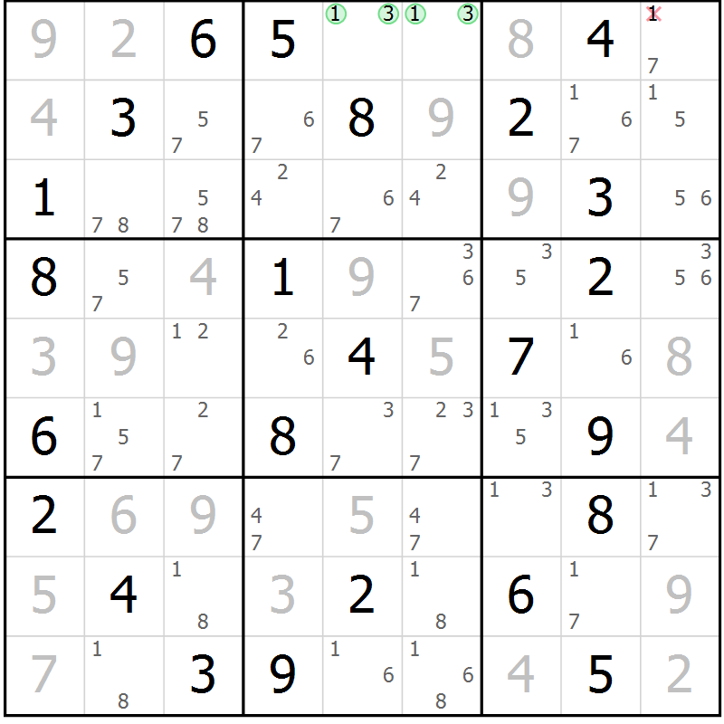 Position des candidats pour la solution de la Gr 45 page 48 du magazine de sudoku Suprême n° 034