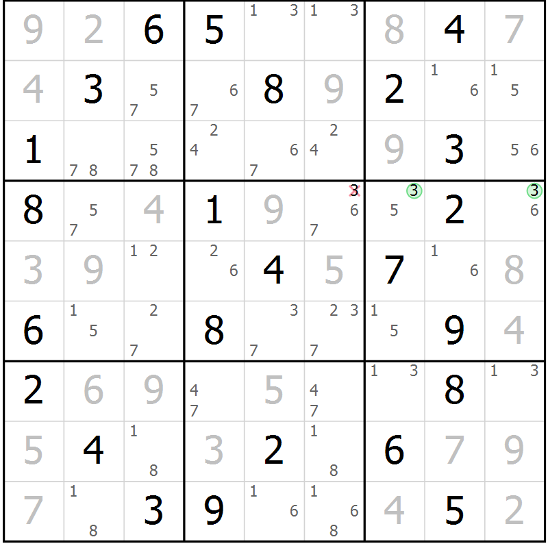 Position des candidats pour la solution de la Gr 45 page 48 du magazine de sudoku Suprême n° 034