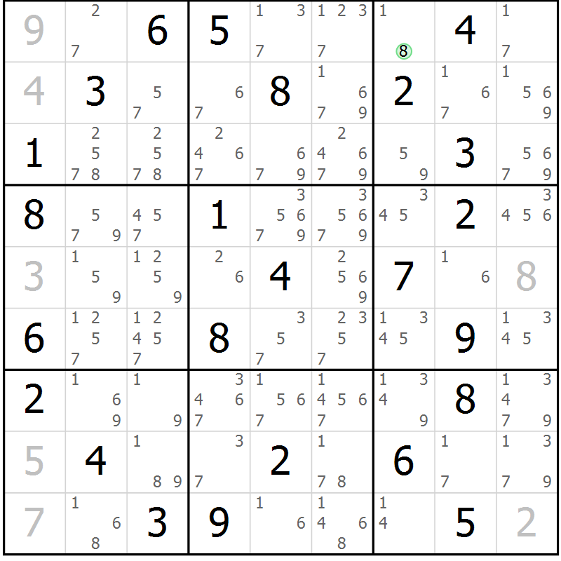 Position des candidats pour la solution de la Gr 45 page 48 du magazine de sudoku Suprême n° 034