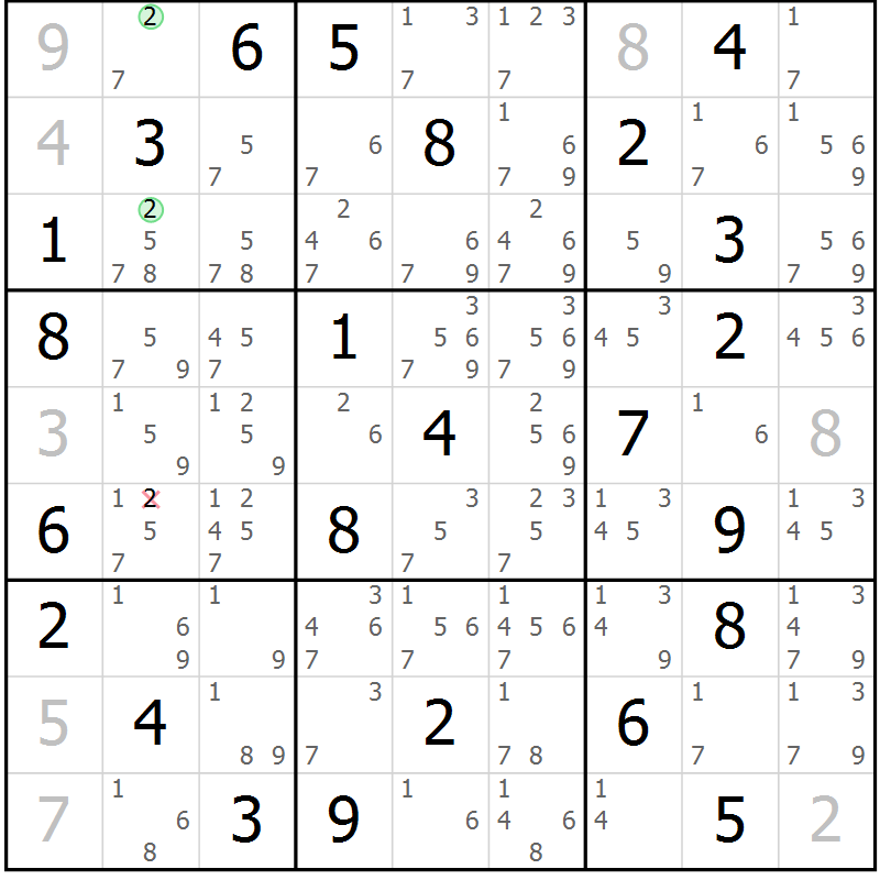 Position des candidats pour la solution de la Gr 45 page 48 du magazine de sudoku Suprême n° 034