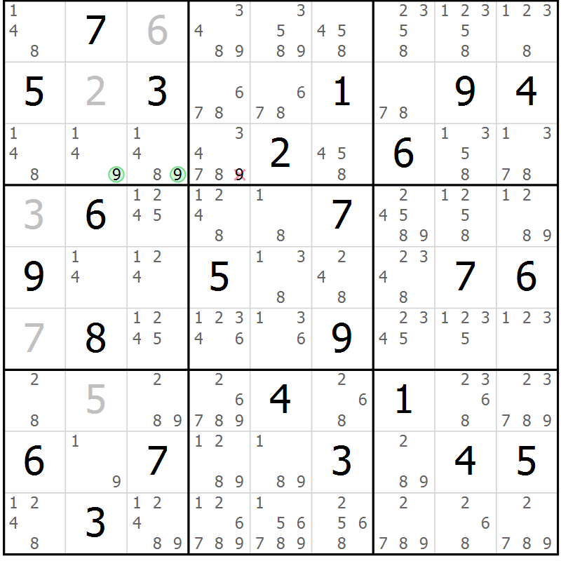 Position des candidats pour la solution de la Gr 46 page 49 du magazine de sudoku Suprême n° 034