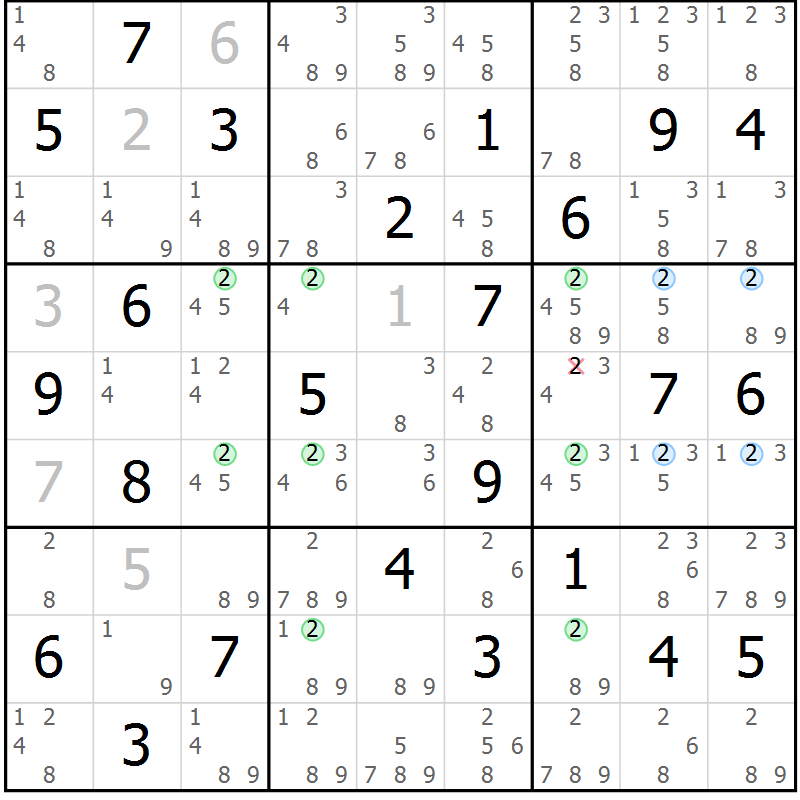 Position des candidats pour la solution de la Gr 46 page 49 du magazine de sudoku Suprême n° 034