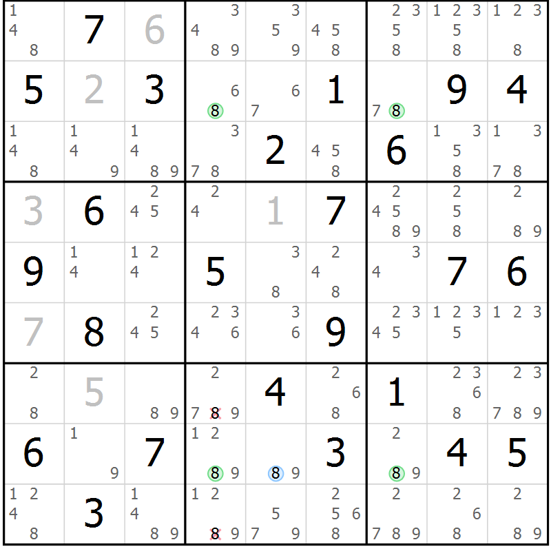 Position des candidats pour la solution de la Gr 46 page 49 du magazine de sudoku Suprême n° 034
