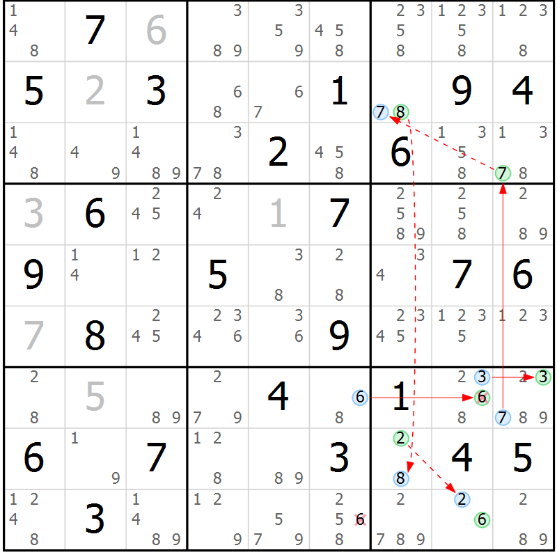Position des candidats pour la solution de la Gr 46 page 49 du magazine de sudoku Suprême n° 034