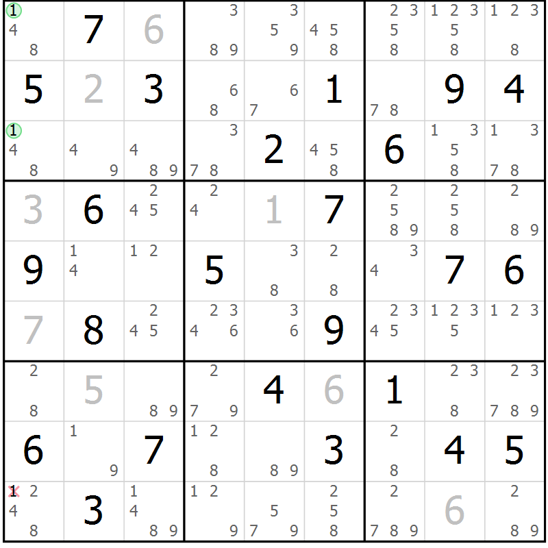 Position des candidats pour la solution de la Gr 46 page 49 du magazine de sudoku Suprême n° 034