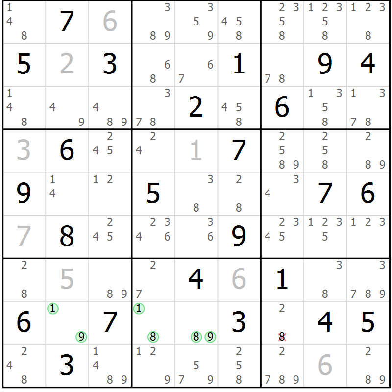 Position des candidats pour la solution de la Gr 46 page 49 du magazine de sudoku Suprême n° 034