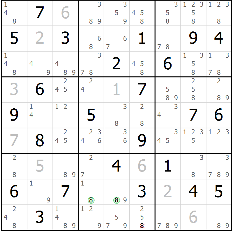 Position des candidats pour la solution de la Gr 46 page 49 du magazine de sudoku Suprême n° 034
