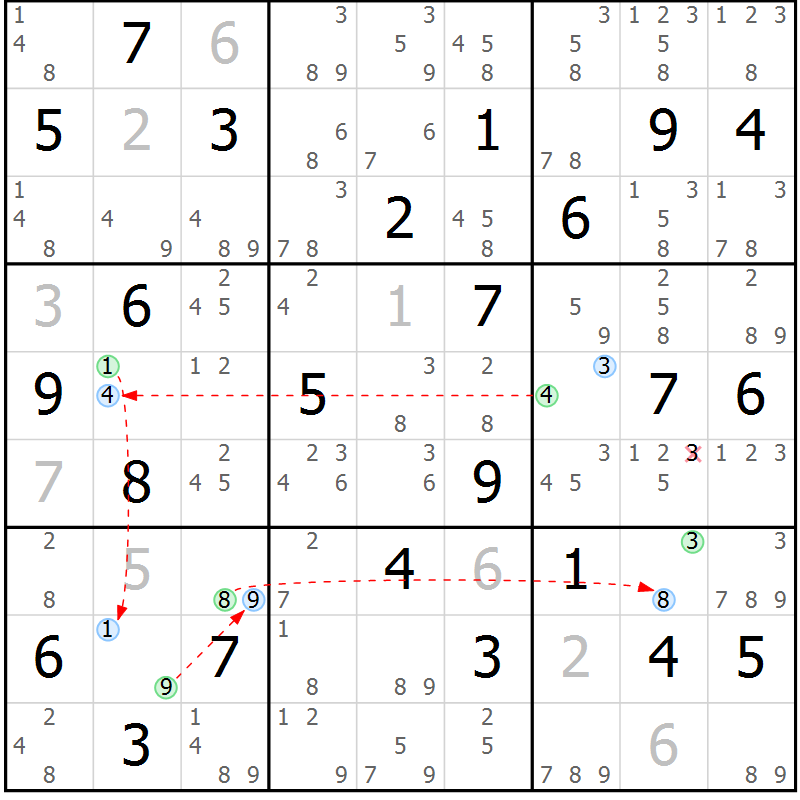 Position des candidats pour la solution de la Gr 46 page 49 du magazine de sudoku Suprême n° 034