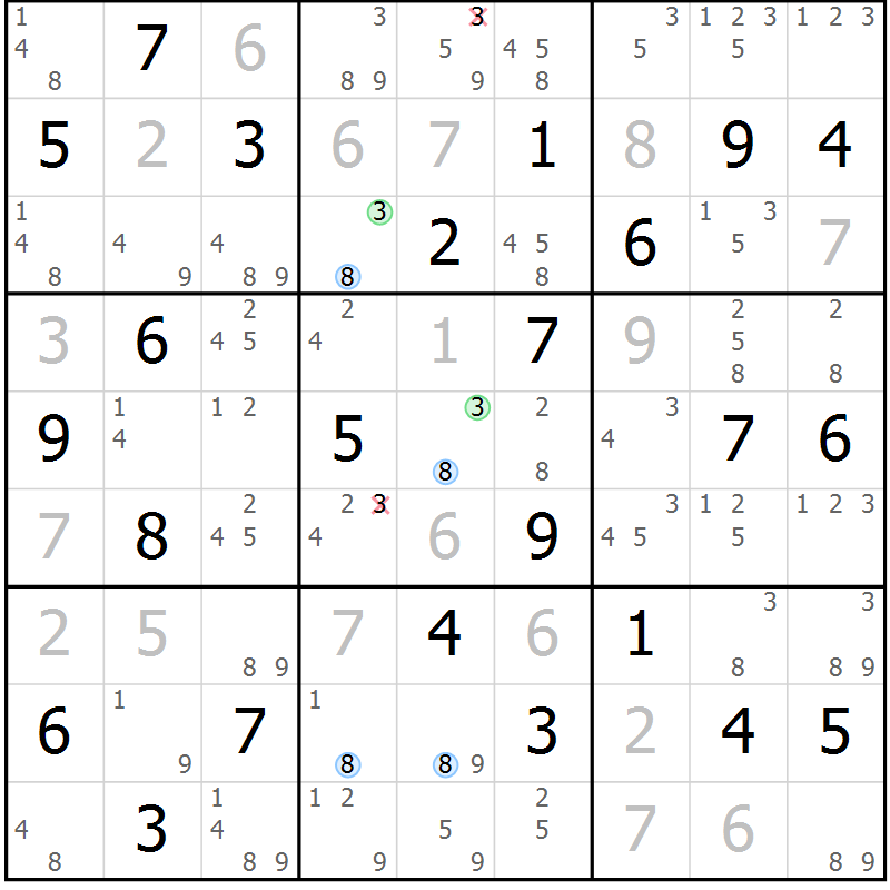 Position des candidats pour la solution de la Gr 46 page 49 du magazine de sudoku Suprême n° 034