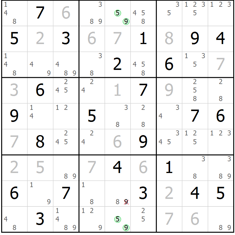 Position des candidats pour la solution de la Gr 46 page 49 du magazine de sudoku Suprême n° 034