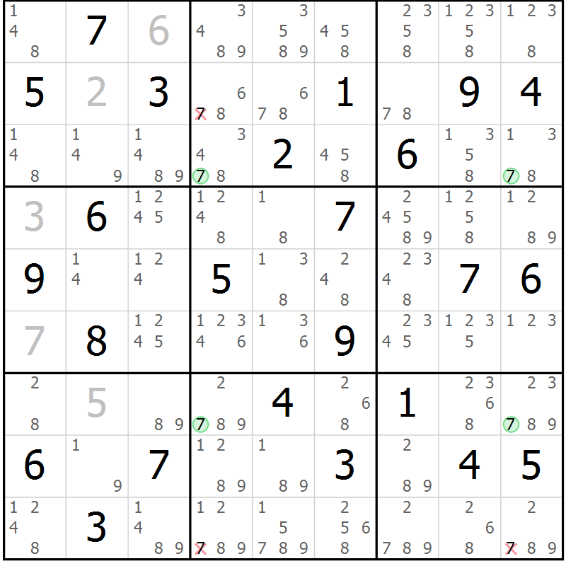 Position des candidats pour la solution de la Gr 46 page 49 du magazine de sudoku Suprême n° 034