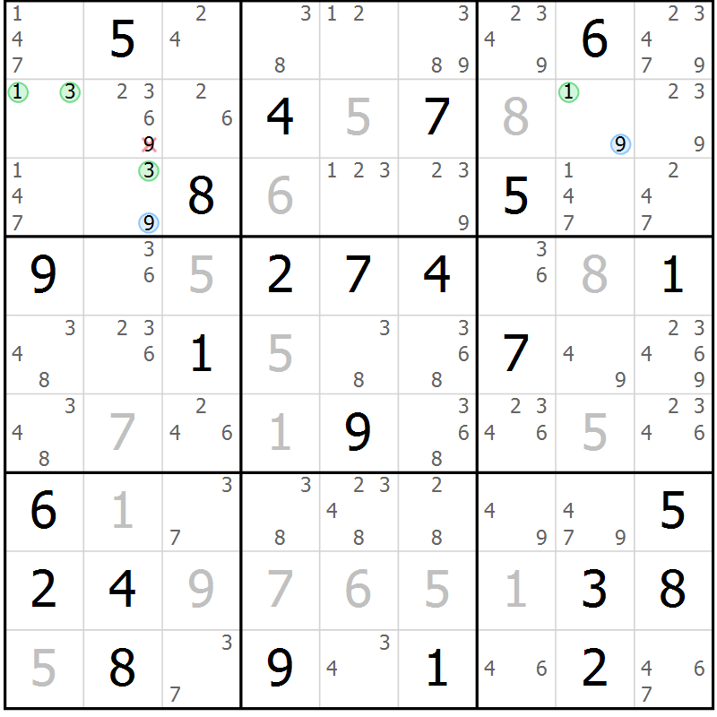 Position des candidats pour la solution de la Gr 47 page 50 du magazine de sudoku Suprême n° 034