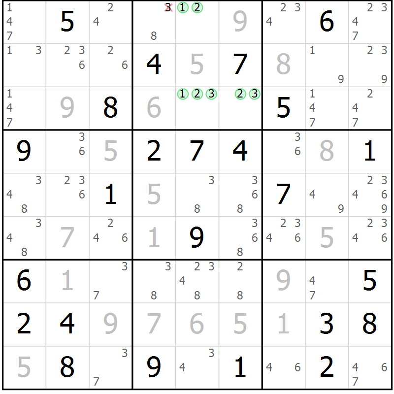 Position des candidats pour la solution de la Gr 47 page 50 du magazine de sudoku Suprême n° 034