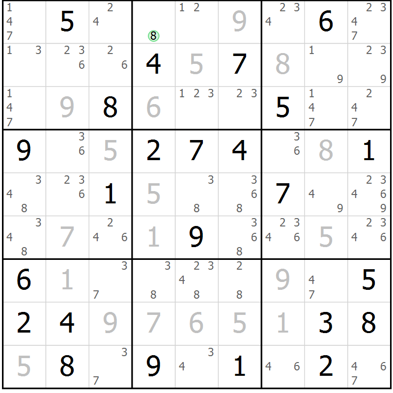 Position des candidats pour la solution de la Gr 47 page 50 du magazine de sudoku Suprême n° 034