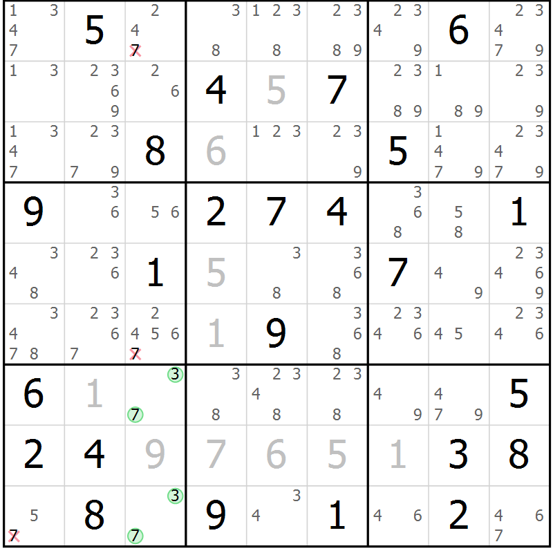 Position des candidats pour la solution de la Gr 47 page 50 du magazine de sudoku Suprême n° 034