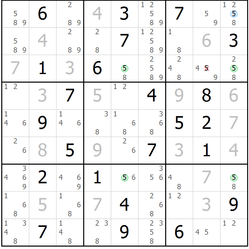Position des candidats pour la solution de la Gr 48 page 51 du magazine de sudoku Suprême n° 034